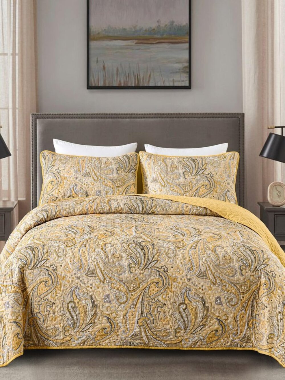 Yellow Paisley Quilt Set Queen Size, Boho Bedspread Coverlet 3 Pieces